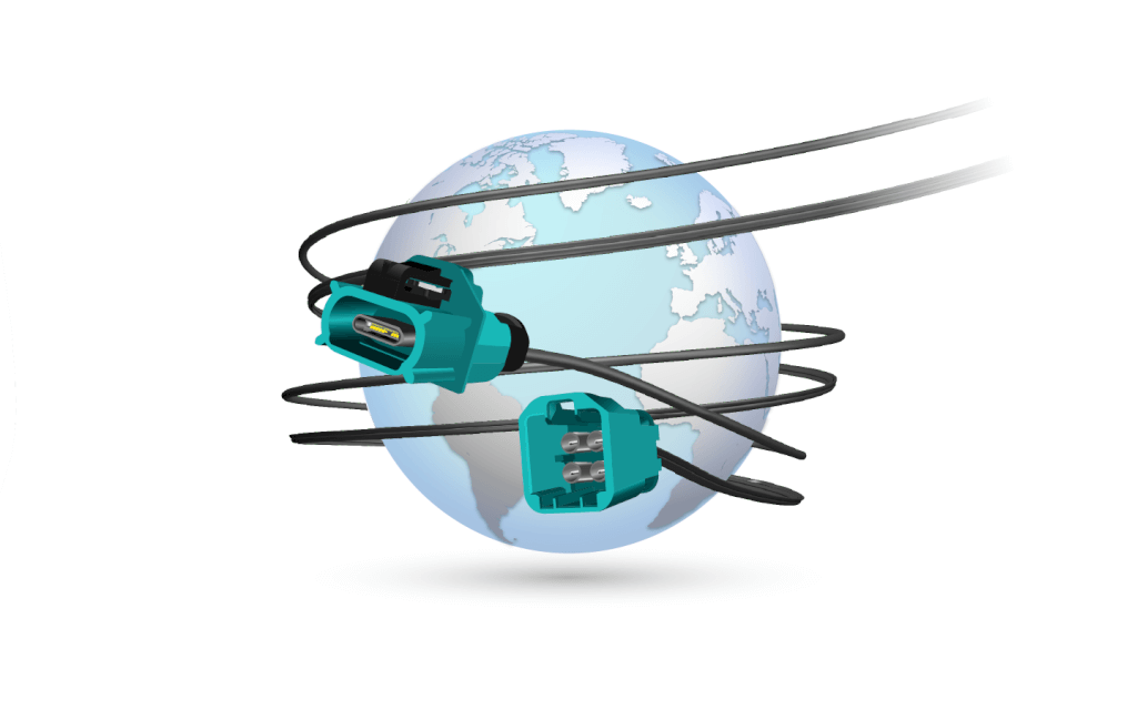 Global connectivity concept with automotive connectors and cables wrapping around a stylized Earth, symbolizing MD ELEKTRONIK's worldwide reach in vehicle data transmission solutions.