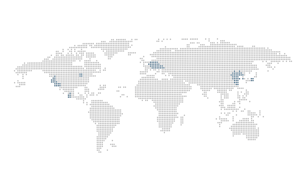 Stylized dot matrix world map highlighting MD ELEKTRONIK's global distribution network in the automotive industry.